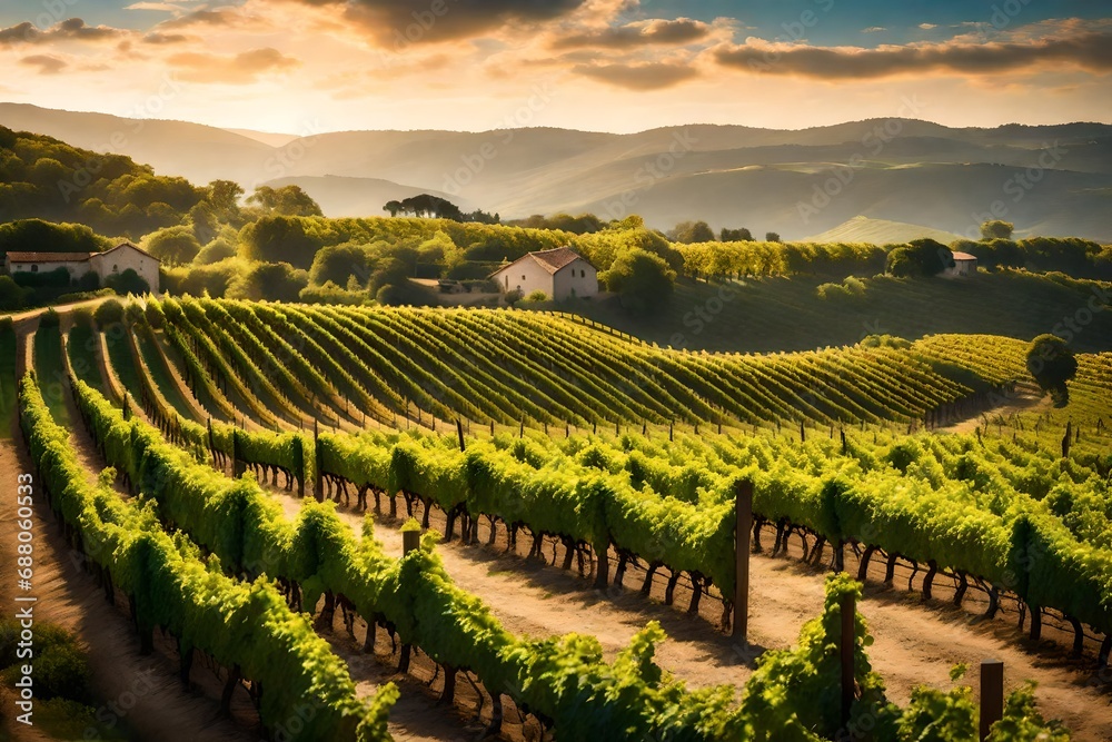 A picturesque vineyard with rows of lush grapevines set against a backdrop of gentle slopes and azure skies.