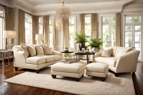 A contemporary cream-colored loveseat paired with matching ottomans  placed elegantly on a polished hardwood floor in a pristine living space exuding sophistication.