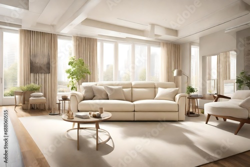 A serene living room boasting a cream-colored recliner positioned to capture the essence of natural light  offering a peaceful retreat within a stylish interior.