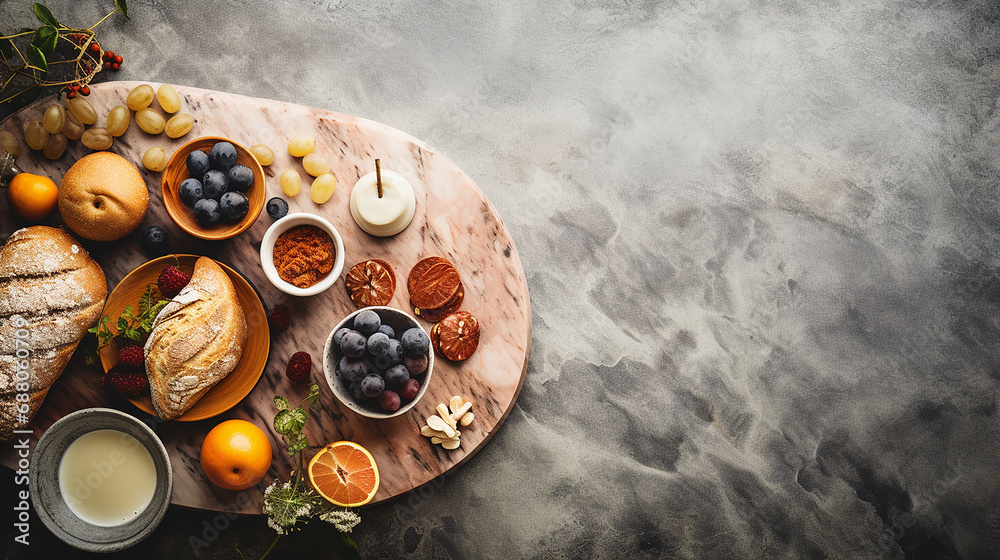 Continental breakfast on stone table from above. flat lay top view with text space Continental breakfast on stone table from above. flat lay top view with text space