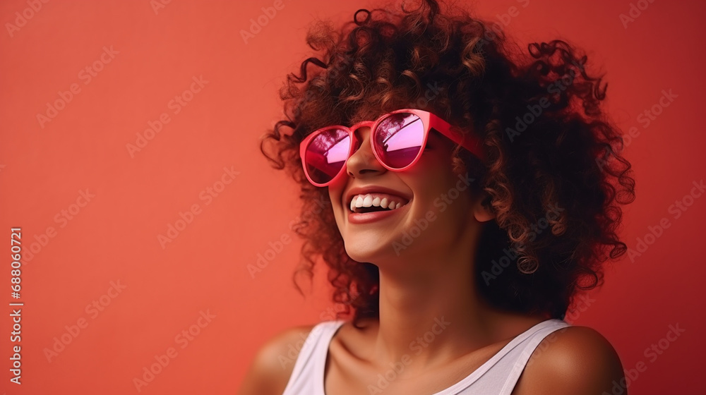 A girl with curly hair and pink glasses A girl with curly hair and pink glasses