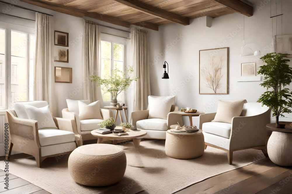 Fototapeta premium A cozy nook with white armchairs, cream-colored throws, and a small coffee table for a comfortable and relaxing space.