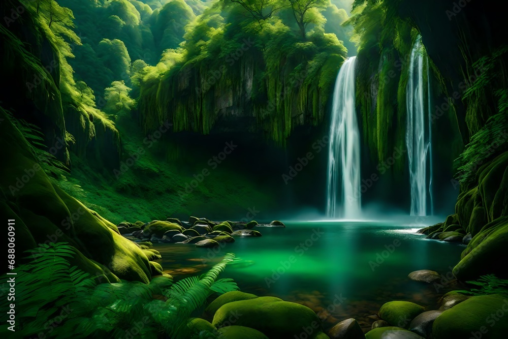 Pristine waterfalls weaving through a tapestry of green mountains, painting a tranquil landscape.