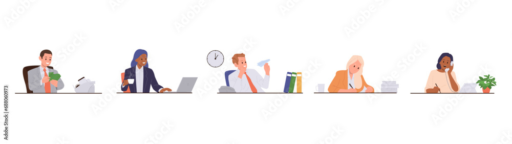 Diverse office worker cartoon characters sitting working on laptop, calling phone at workplace Diverse office worker cartoon characters sitting working on laptop, calling phone at workplace