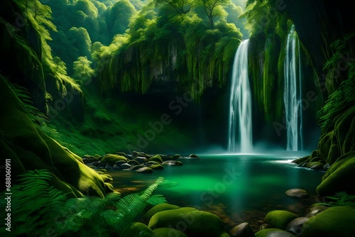 Pristine waterfalls weaving through a tapestry of green mountains  painting a tranquil landscape.