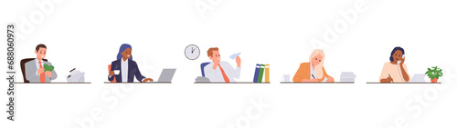 Diverse office worker cartoon characters sitting working on laptop, calling phone at workplace