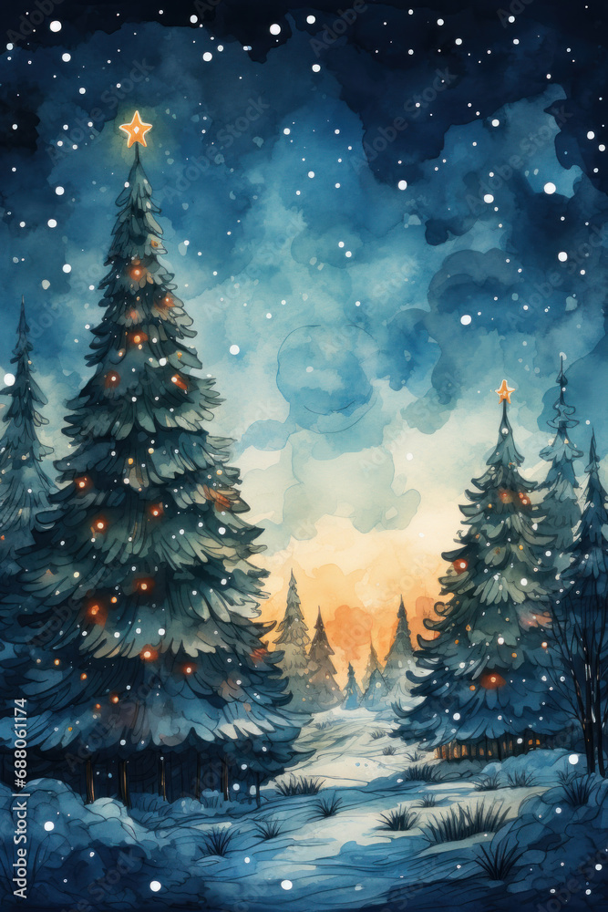 Christmas trees watercolor painting. Beautiful winter forest landscape in snowfall. Winter illustration.