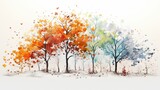 a diverse isolated tree artworks, each branch and leaf telling a vivid, colorful story on the serene white surface.