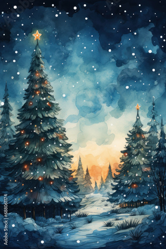 Christmas trees watercolor painting. Beautiful winter forest landscape in snowfall. Winter illustration. © ekim