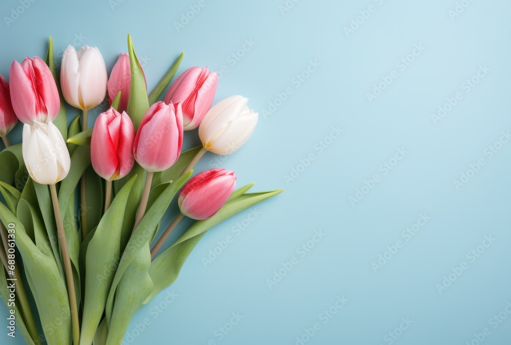 a spring bouquet of pink and white tulips on a light blue background, a spring bouquet of pink and white tulips on a light blue background,