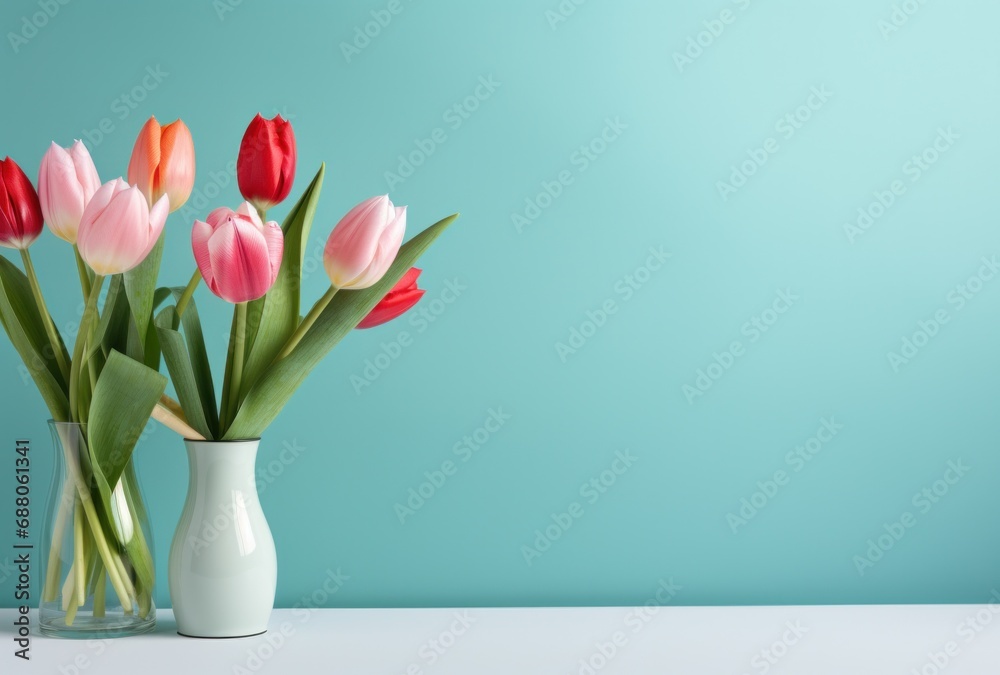 a spring bouquet of pink and white tulips on a light blue background,