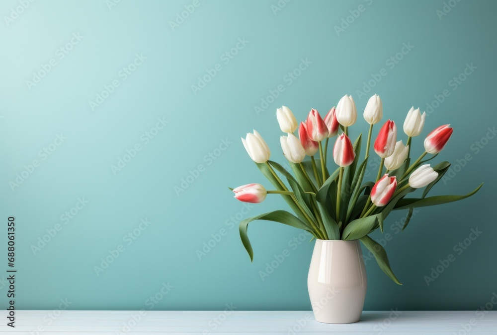 a spring bouquet of pink and white tulips on a light blue background,