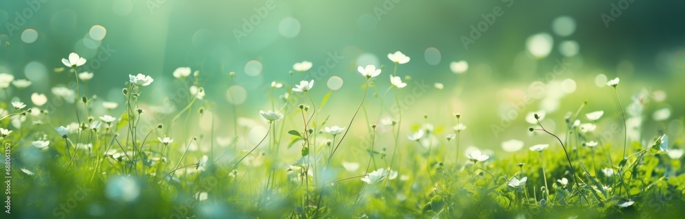 a spring green grass meadow with flowers,
