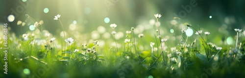 a spring green grass meadow with flowers,