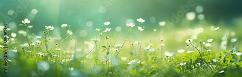 Obraz  z motywem a spring green grass meadow with flowers,