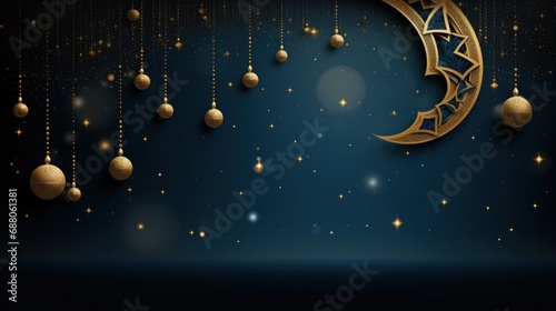 A stunning gold and blue Ramadan background with intricate geometric patterns