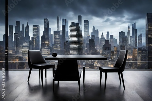 A sleek black chair and table set against a backdrop of a modern urban skyline.