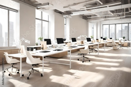 A chic office space with white desks, cream-colored ergonomic chairs, and minimalist decor for a productive yet stylish environment.