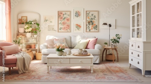 A vintage-inspired living room with a floral sofa, a patterned rug, © olegganko
