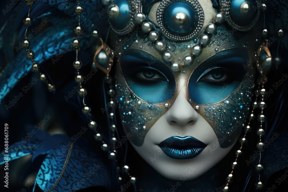 Woman wearing a Venetian carnival mask in a fantasy gothic style composition, in dark blue and aquamarine colors, celebrating the Mardi Gras festival, Carnival in Venice, Europe