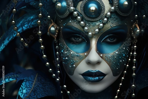 Woman wearing a Venetian carnival mask in a fantasy gothic style composition, in dark blue and aquamarine colors, celebrating the Mardi Gras festival, Carnival in Venice, Europe © Olena