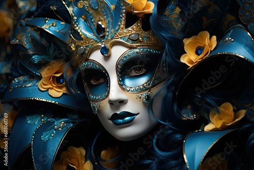 Venetian carnival mask decorated with beads in dark blue, yellow and gold tones on a woman, close-up. Mardi Gras background. Venice Carnival in Venice, Europe.