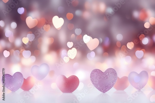 a white background with colorful heart shaped bokeh, © olegganko