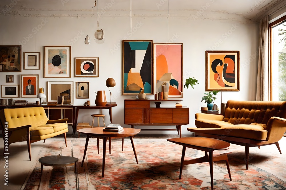 Fototapeta premium A mid-century modern living room with retro furniture and a blank frame amidst vintage art pieces.