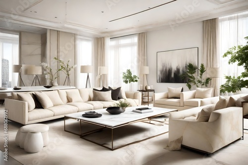 A minimalist living room with cream-colored sofas, white marble coffee table, and elegant accents exuding sophistication.