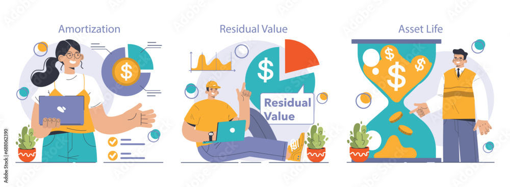 Amortization and depreciation set. Calculating the value for business assets over time. Company asset lifespan , capital valuation. Financial report. Flat vector illustration