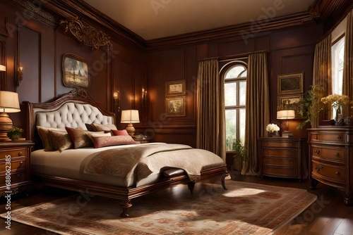 A traditional bedroom with classic furniture, ornate details, and rich, warm colors for a timeless and elegant aesthetic. © WOW