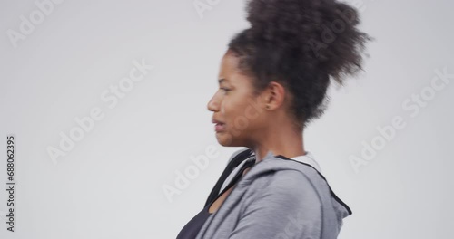Sad, crying and a black woman with depression in studio isolated on white background. Tears, crisis and African person with anxiety, stress or broken heart, trauma or grief, mistake and mental health photo
