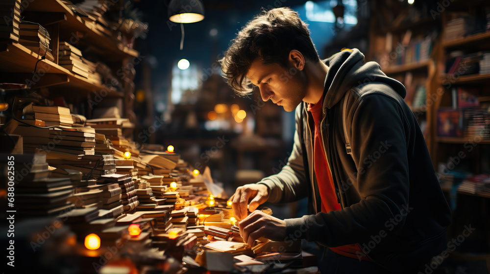 Man browsing books in a bookstore, illustrating the enjoyment of discovering new literature. Man browsing books in a bookstore, illustrating the enjoyment of discovering new literature.