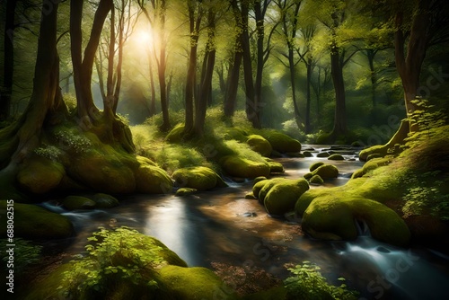 A tranquil  sun-dappled glade with a gentle stream meandering through a vibrant  blossoming forest.