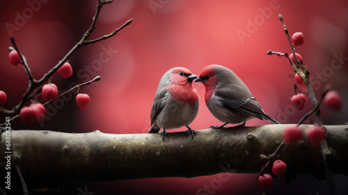 two pairs of pink birds standing on a branch as a symbol of love on Valentine's Day created with Generative AI Technology photo