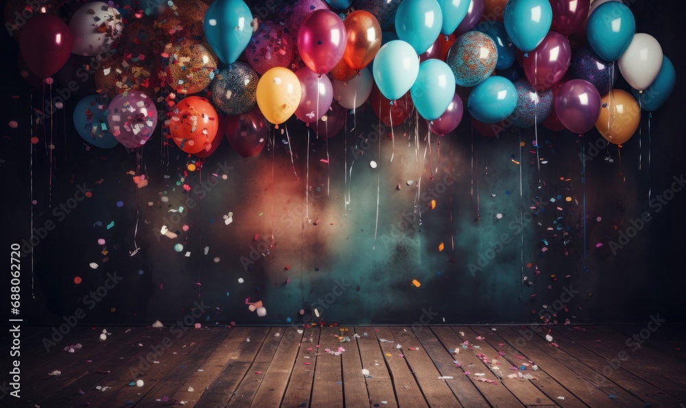 a wooden background in which colored confetti is tied to colorful balloons, - obrazy, fototapety, plakaty 