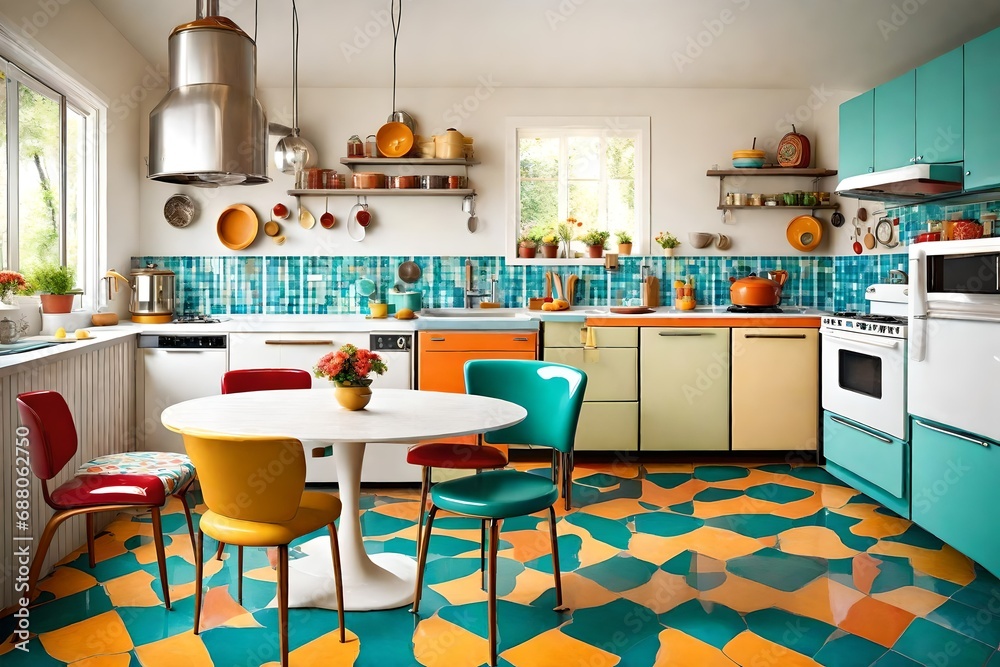 A retro kitchen with vibrant, colorful tiles, retro appliances, and a cozy dining space with vinyl-covered chairs.