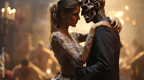 ouples dressed as zombies attending a Valentine's Day-themed undead prom, blending romance with a touch of the macabre.
