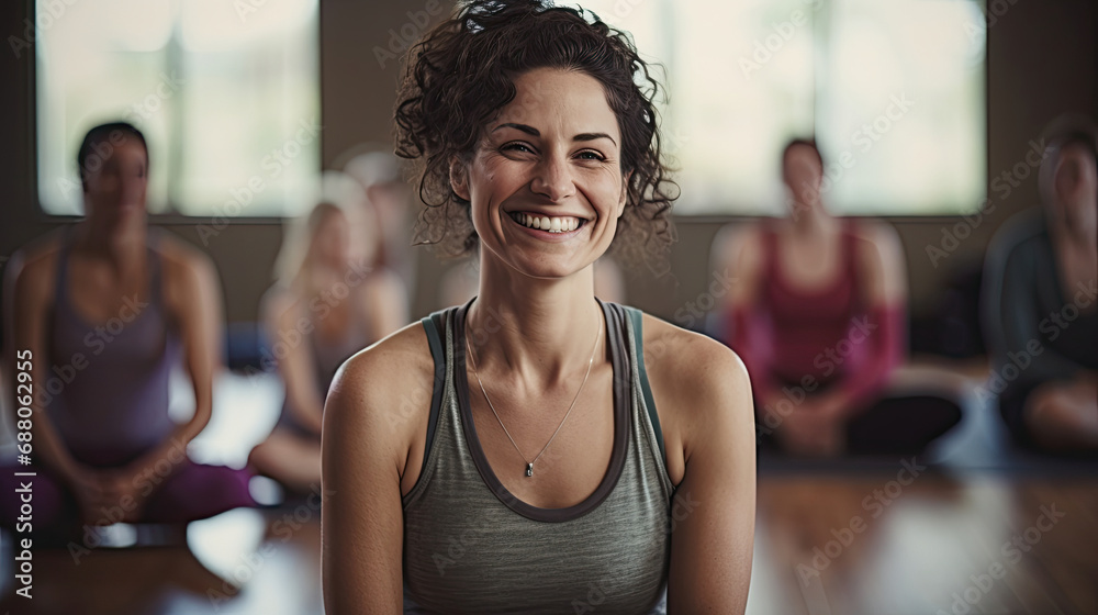 smiling woman doing exercises in yoga class wearing sportswear with people around her smiling woman doing exercises in yoga class wearing sportswear with people around her