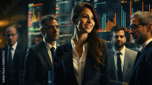 Diverse Financial Triumph: Professionals, Market Charts, Successful Meetings © Lila Patel