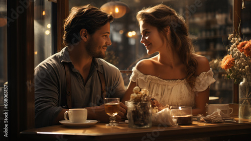 Romantic Date at Chic French Bakery  Couple Delighting in Pastries and Coffee Amid Elegant Ambiance