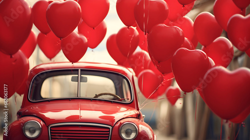 Red car and heart shaped balloons. Love, valentine's day background. 