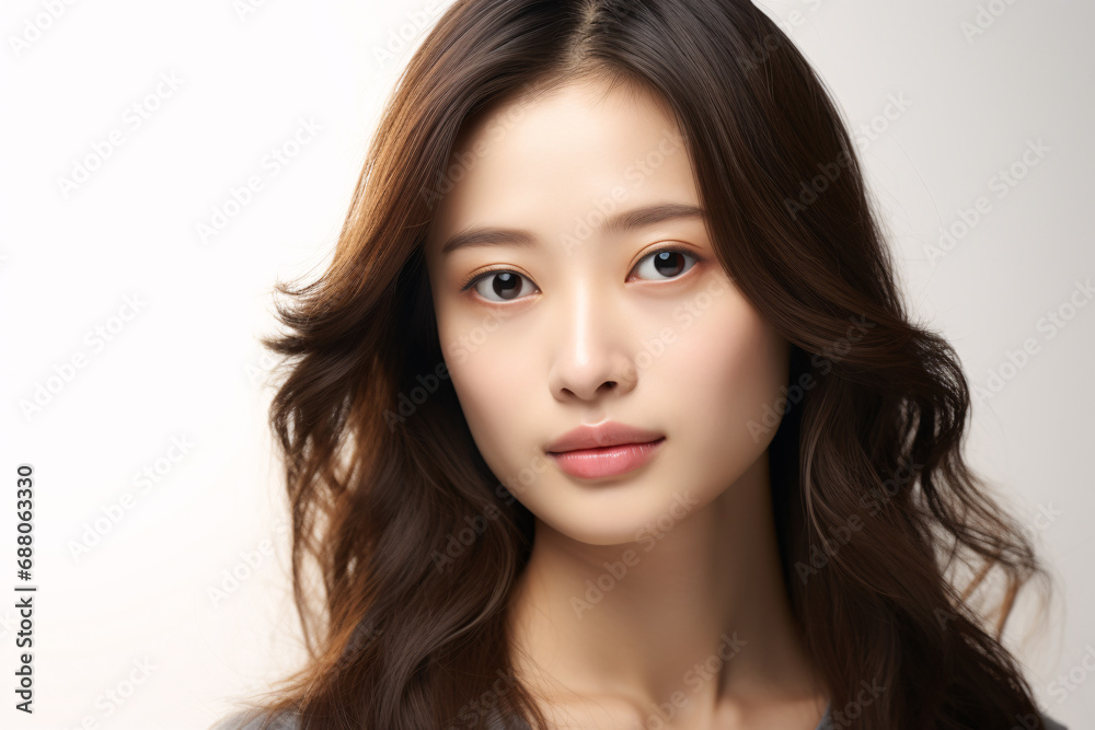 Face of pretty young Asian woman without makeup with dark brown hair Face of pretty young Asian woman without makeup with dark brown hair