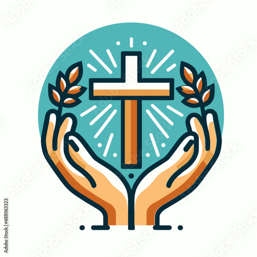 Christian Cross with Hands and Wheat Illustration. Christianity symbol