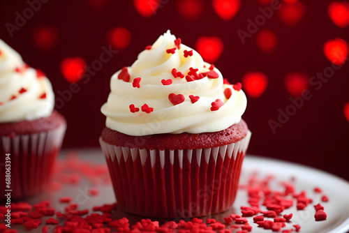 Red Velvet cupcakes with heart shaped sprinkle decoration on frosting