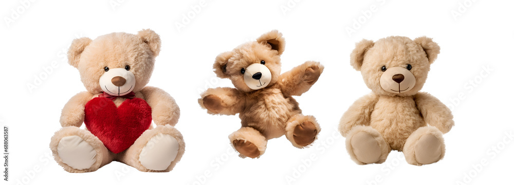 Heart-holding plush bear and set of teddy bear toys, Isolated on Transparent Background, PNG Heart-holding plush bear and set of teddy bear toys, Isolated on Transparent Background, PNG