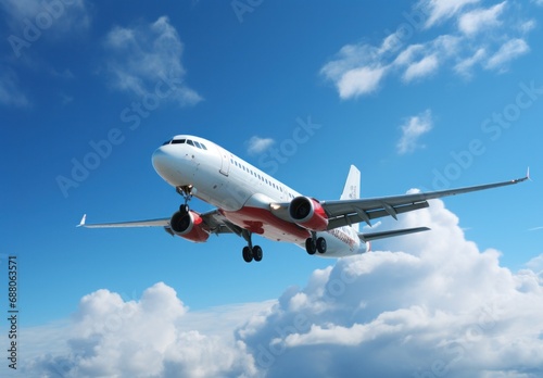 an airplane flying in the blue sky 