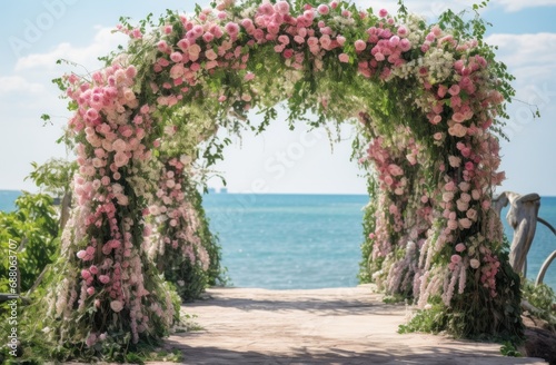 an archway with flowers and greenery leading to the beach, © olegganko