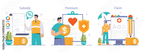 Insurance concept set. Exploring healthcare insurance with visuals on subsidy, premium payments, and claims processing. Engaging artwork demystifies policy details. Flat vector illustration