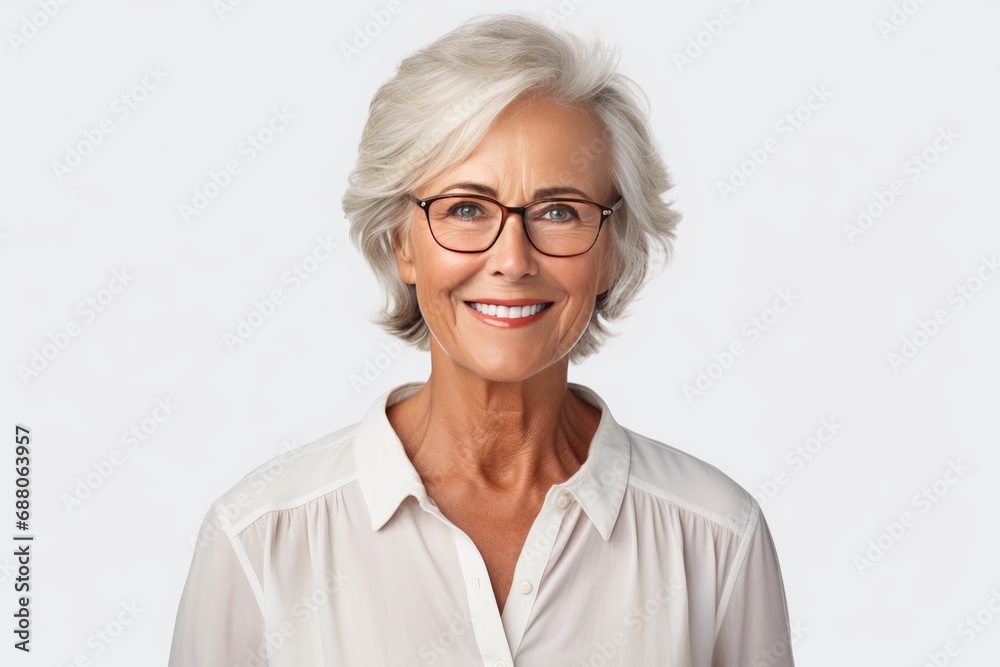 Radiant Woman in Her 50s with Glasses and Flowing Hair on a White Background